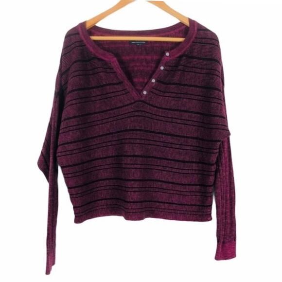 American Eagle Sweater Women L Burgundy Stripe V-Neck Button Cropped Knit Top - Picture 2 of 7